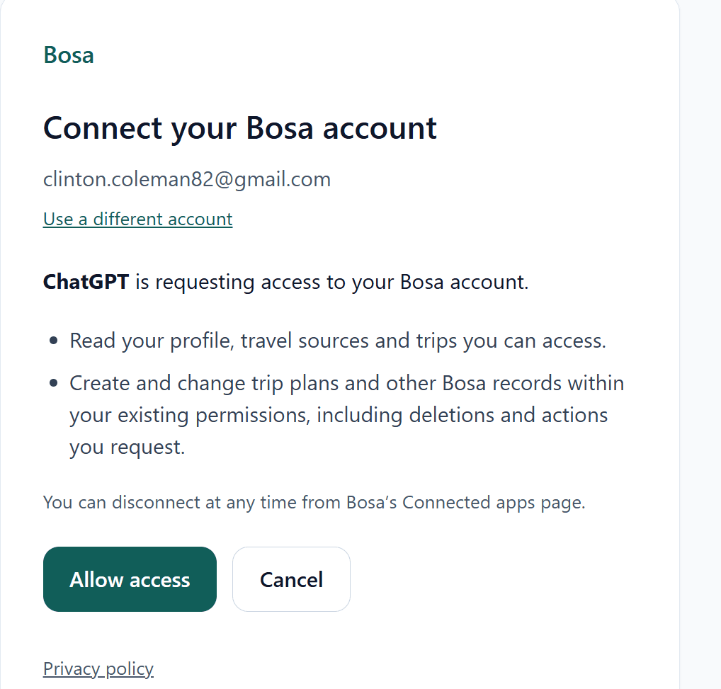 Check your Bosa account and requested permissions, then select Allow access. Your own account will appear here.