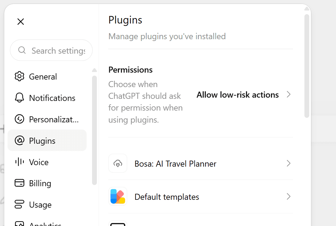 After allowing access, Bosa appears in Settings → Plugins.