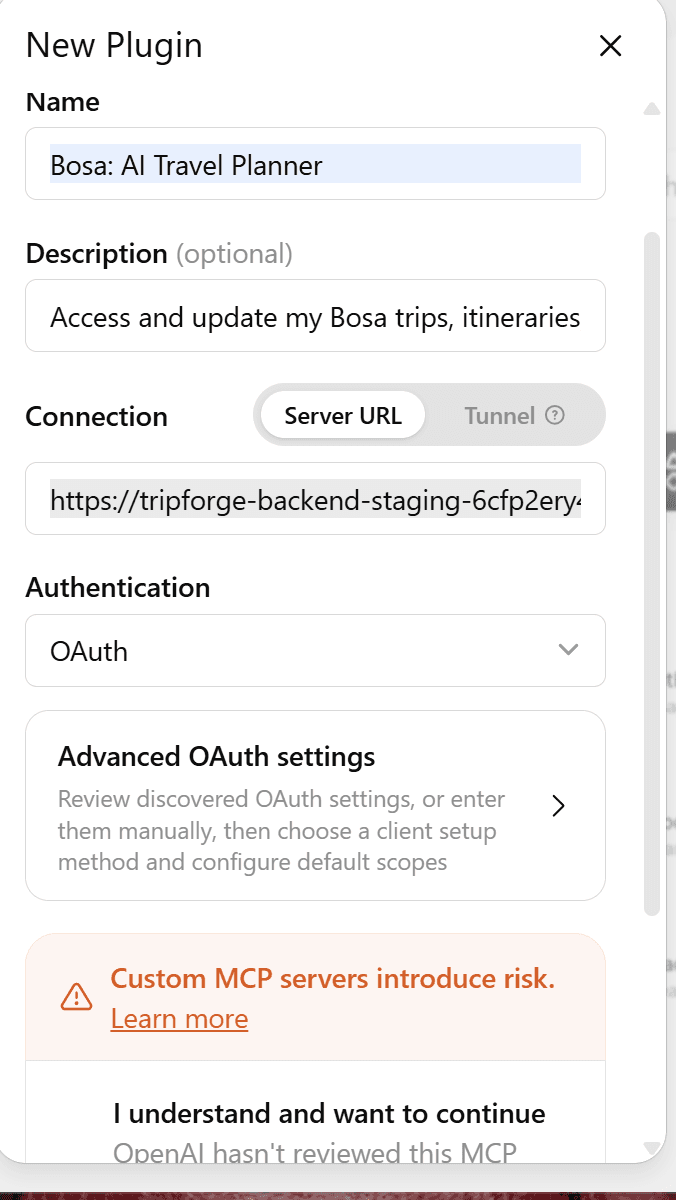 Enter the Bosa name, description and exact server URL; keep OAuth and its default settings.
