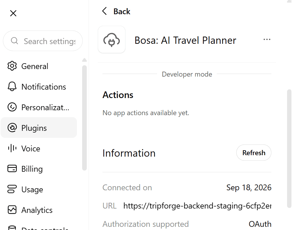 Bosa plugin details: the Refresh button is beside Information. The available tools may differ from this screenshot.